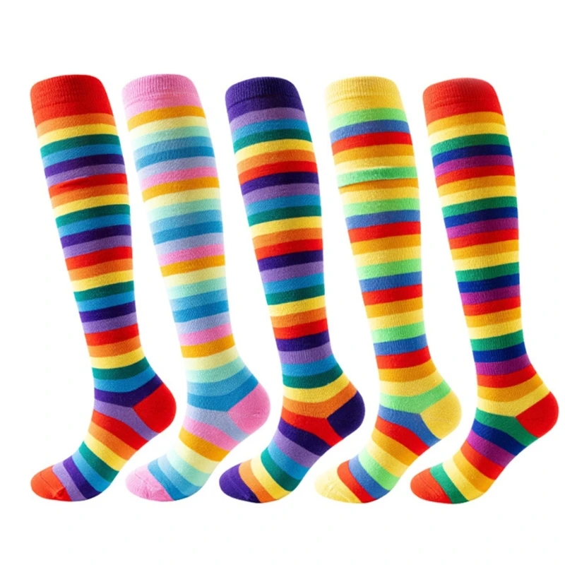 Multicolored Rainbow Striped Long Socks Women Colorful Athletic Over Knee Stockings Leg Warmer for Cosplay Party Costume