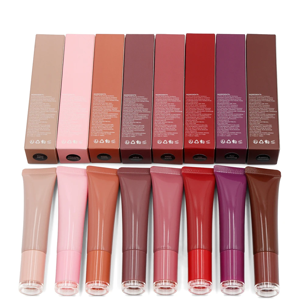 Private Label Lip Gloss Plumping Custom Logo Long-lasting Non-stick Hydrating Natural Bulk Makeup Cruelty Free 8 Colors Packag