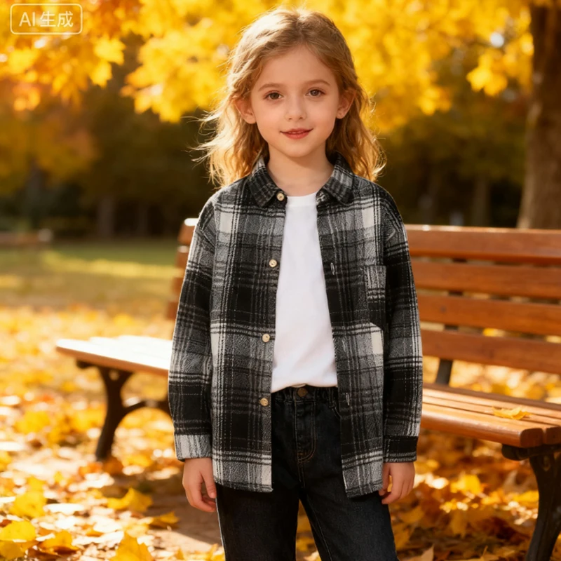 2025 Spring Autumn Children Plaid Shirt Long Sleeve Retro Lapel Cardigan Jacket Casual Tops Fashion Outerwear For Boys And Girls