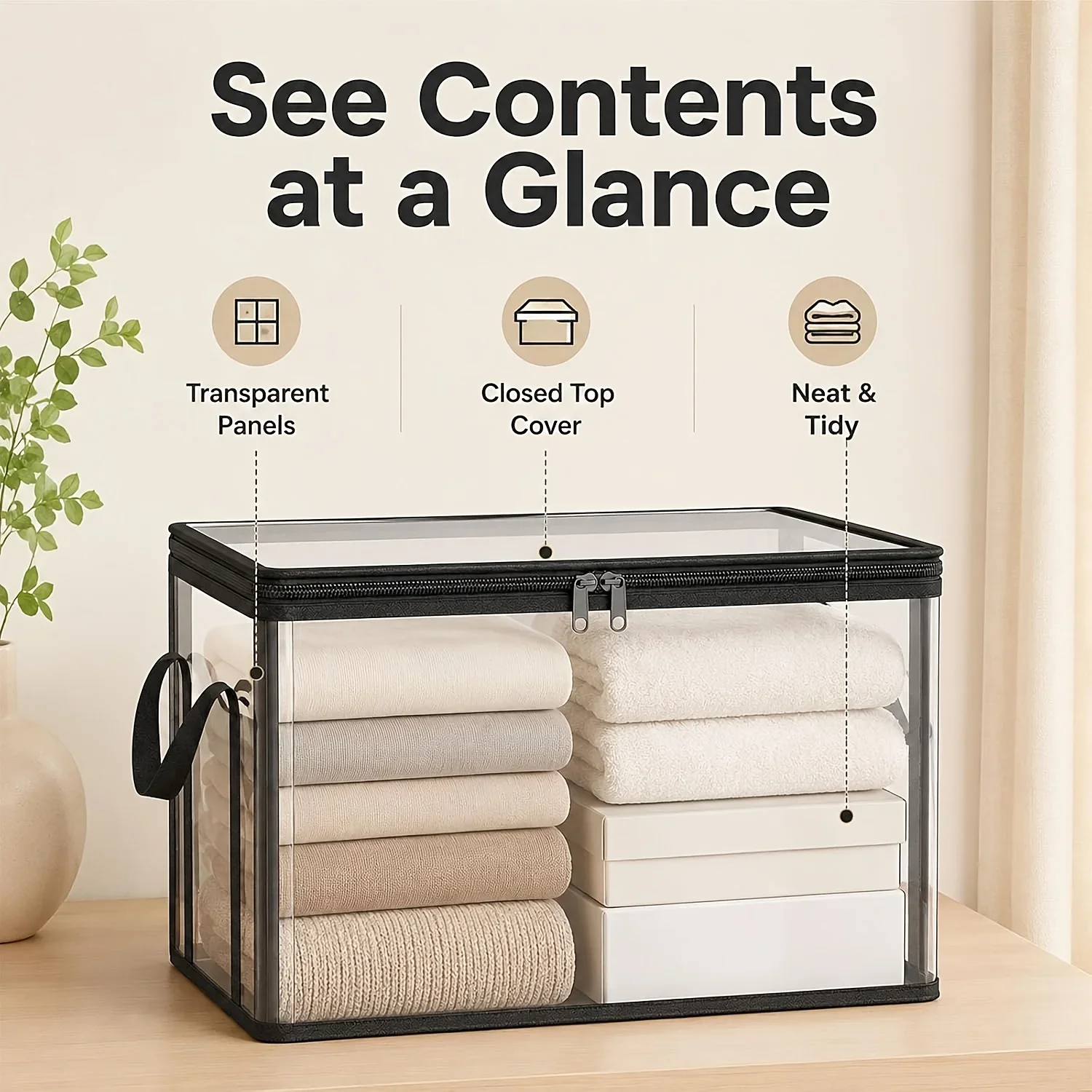 6/4pcs Set, Storage + Hook:Large Thickened Transparent Plastic Storage Bin with Hinged Lid and Hook,Organizer for Book and Cloth