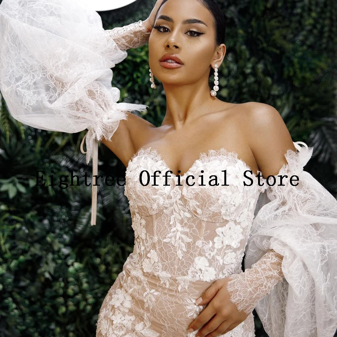 Eightree Champagne Vintage Wedding Dresses Lace Puff Long Sleeve Bride Dress Mermaid Tulle Sweetheart Wedding Gowns Sweep Train