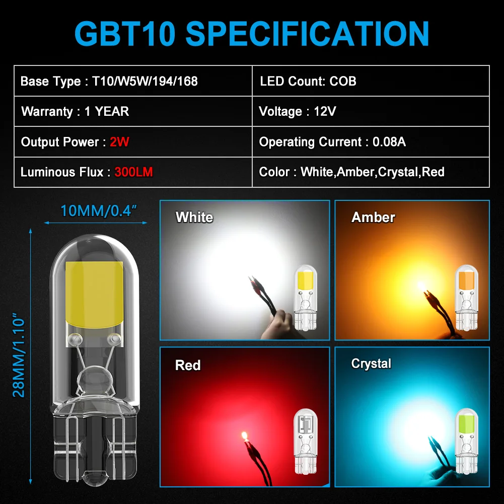 NAO W5W T10 LED Light For Car Interior Lamp 5W5 12V 6500K 194 168 COB Glass Auto Indicator License Plates Dome Map Reading Bulb