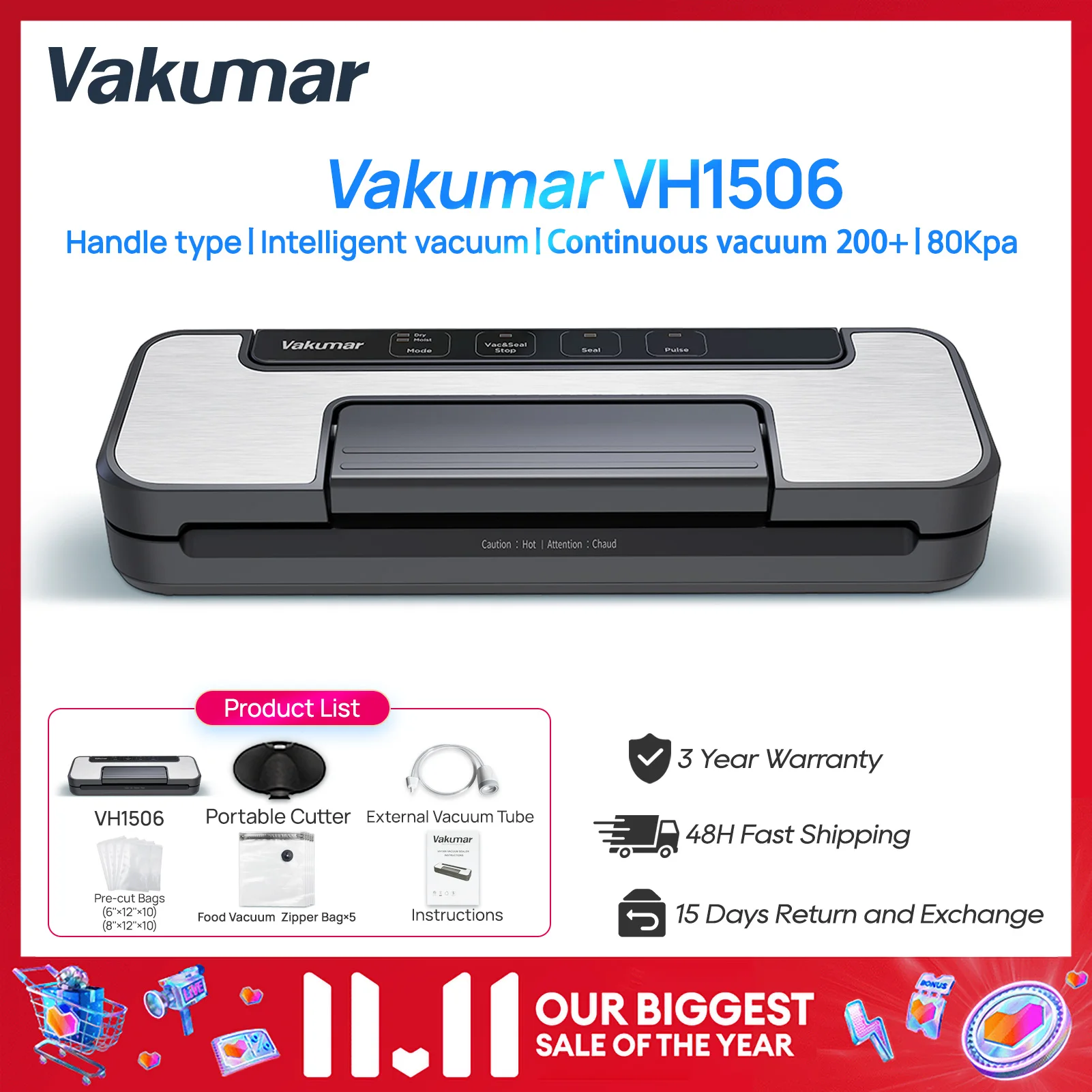 Vakumar VH1506 真空シーラー機真空調理ハンドルタイプ 80Kpa 多機能で便利な真空シーラー家庭用