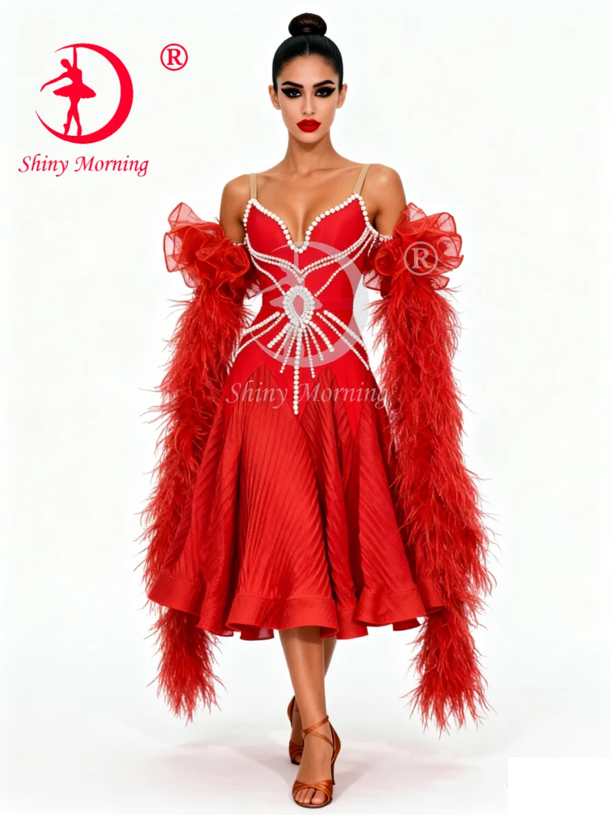 

Женское красное платье для бальных танцев, костюм для выступлений с перьями и стразами для современного вальса и танго, наряд для соревнований с открытыми плечами