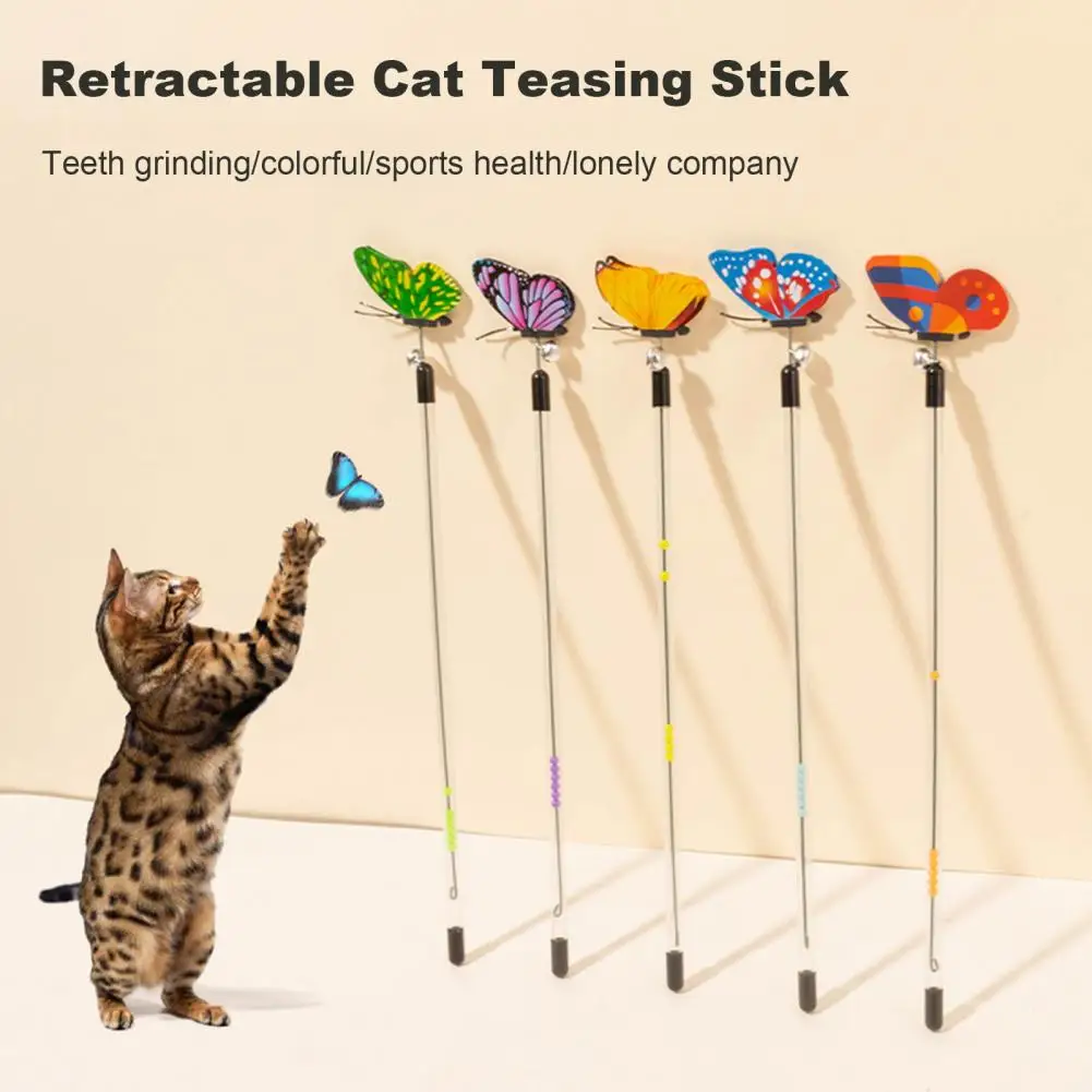 Telescopic Cat Stick Toy with Bell Interactive Kitten Wand Butterfly Cat Teaser Stick Funny Cat Charmer Extendable Kitty Pole