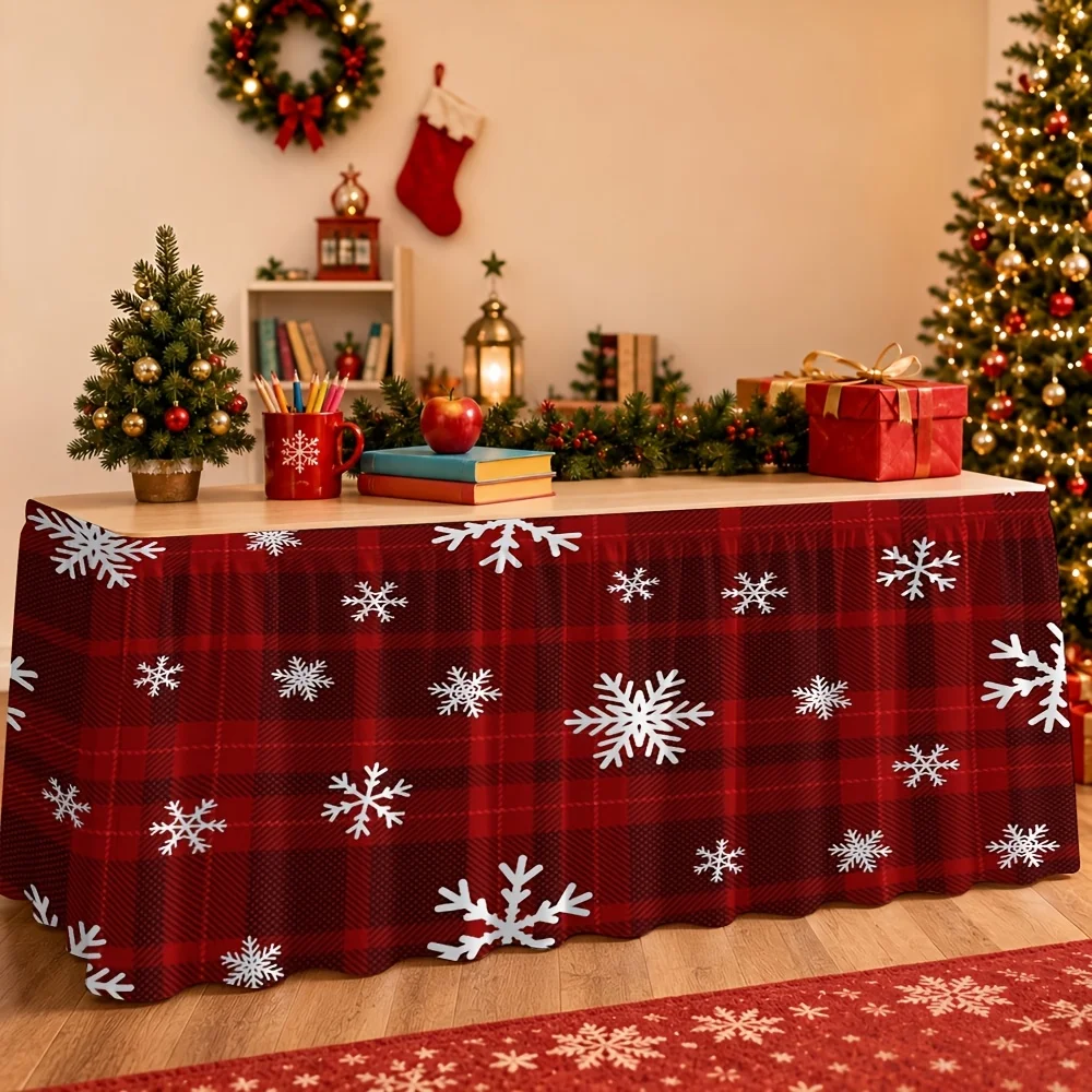 Red checkered white snowflake printed tablecloth tablecloth, suitable for party events, kitchen and restaurant decorationxzj