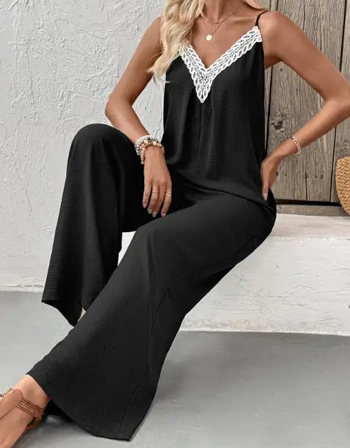 

2025 New Casual Gathering Minimalist Style Lace Patchwork Suspender Wide Leg Jumpsuit