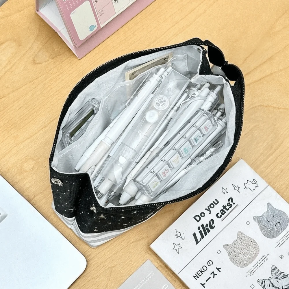 Large Capacity Cat Pattern Pen Case Multi-Layer Star Print Pencil Bag Polka Dot Triangle Design Stationery Storage Pouch