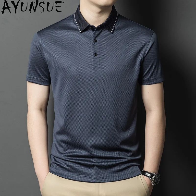 AYUNSUE Mulberry Silk Polo T Shirt Man Summer Short Sleeves T Shirts Men's Business Casual Polos Camisetas De Hombre Solid Tops