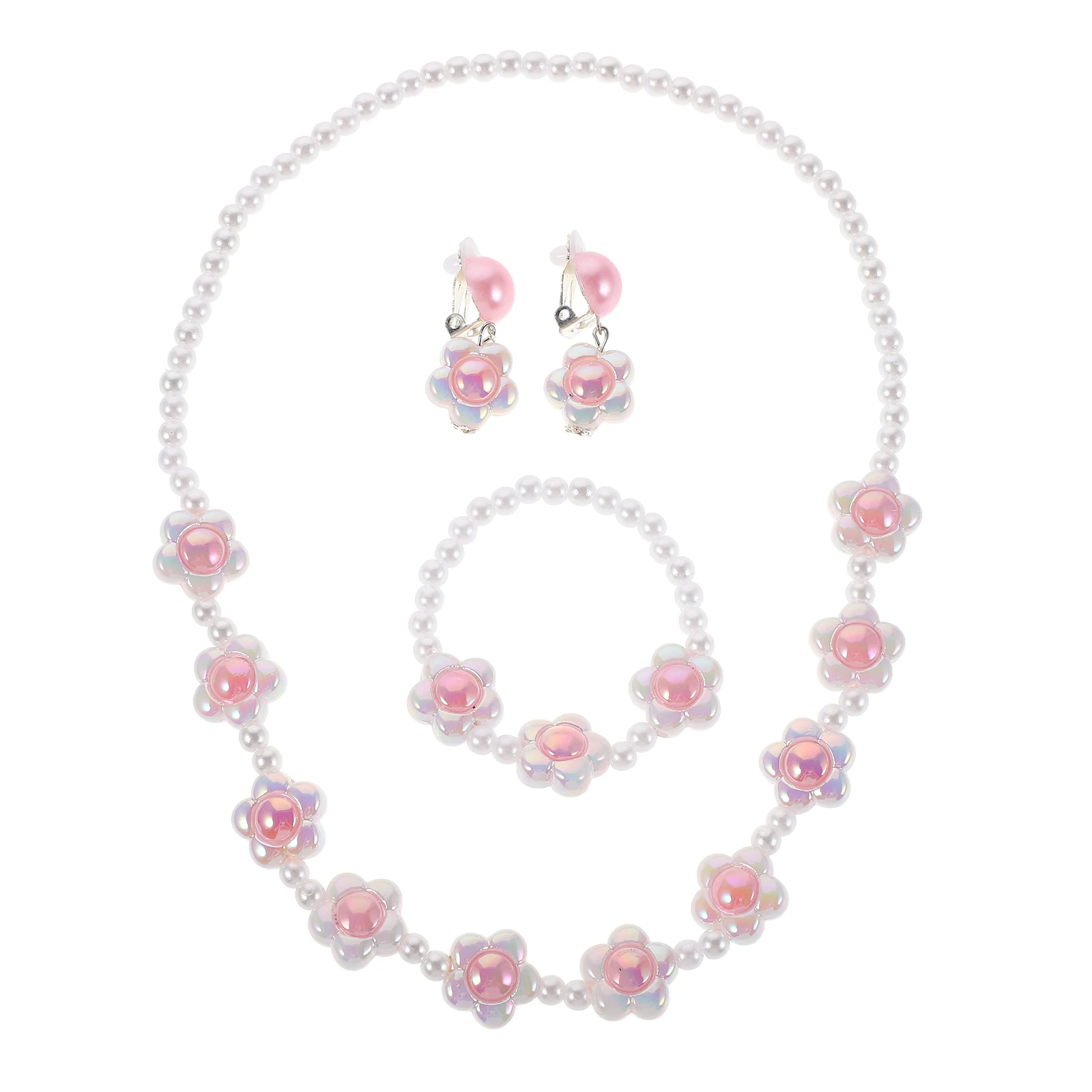 Pearl Flower Jewelry Hand Chain Bracelet Necklace Costume for Little Girls Plastic Charm Child