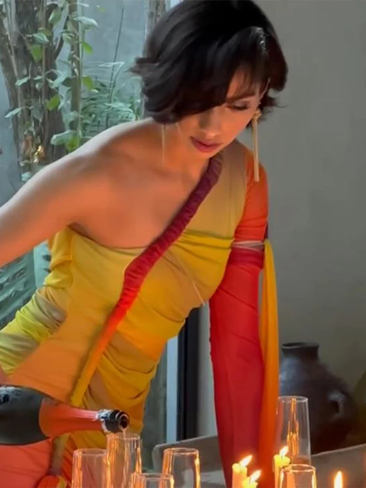 Robe d'anniversaire irrégulière à imprimé dégradé pour femme, Sexy, col incliné, manches simples, moulante, Maxi, vêtements de plage, vacances, 2025