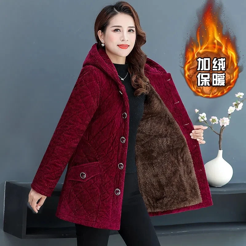 Parkas Women 2024 Winter New Fleece Thicke Corduroy Outerwear Cotton Jacket Female Hooded Padded Coat Clothes Basic Coats