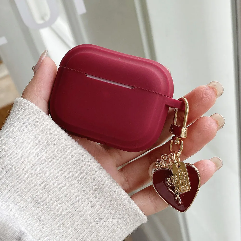 Vintage Wine Red Soft Silicone Earphone Case Rose Pearl Keychain For Apple Airpods 4 Pro 2 1 Airpod 3 Bluetooth Headset Cover