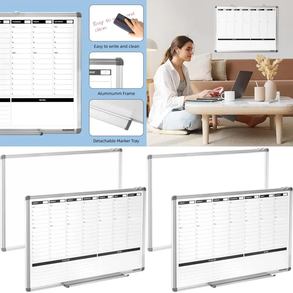 لوح مسح جاف أسبوعي مزدوج الجوانب، 36 × 24، فتحات وقت كل ساعة، تقويم السبورة البيضاء للمكتب والمنزل والمدرسة