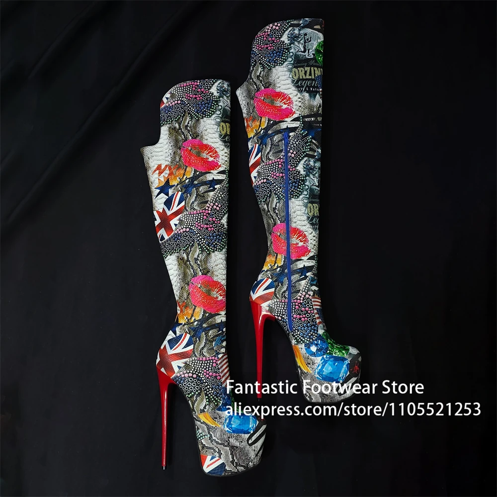 Graffiti Print Platform Stiletto Thigh High Boots 19cm Super High Side Zipper Closed Toe Women Boots Pole Dance Nightclub Shoes