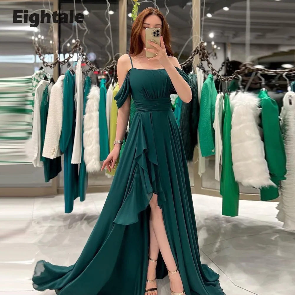 

Eightale Dark Green Evening Dresses Off the Shoulder Chiffon Side Slit Spaghetti Strap A-Line Party Prom Gown Vestidos De Noche