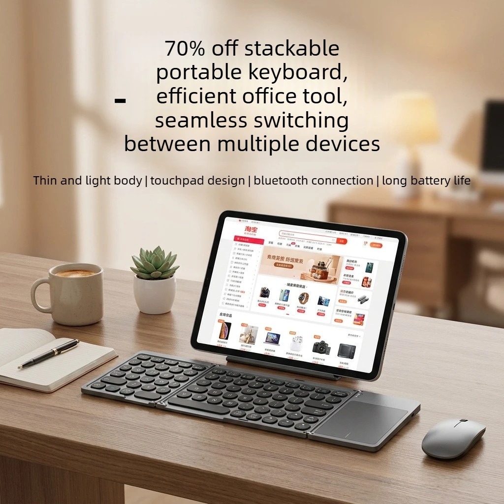 PU Leather Tri-Fold Bluetooth Keyboard, Detachable Touch Stand, Portable Office Folding Keyboard
