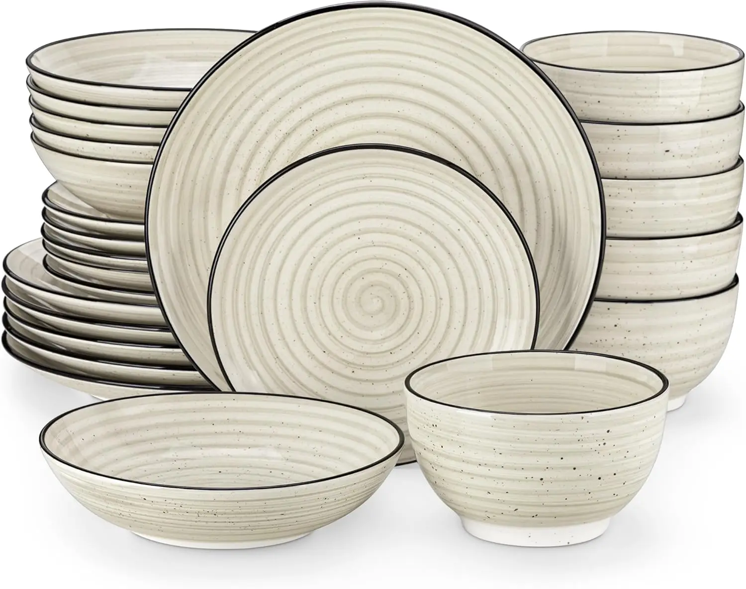 vancasso 24 Pieces Dinnerware Sets Bonbon Beige Dish Set for 6, Plates and Bowls Sets, Double-sided Handpainted Spirals Pattern