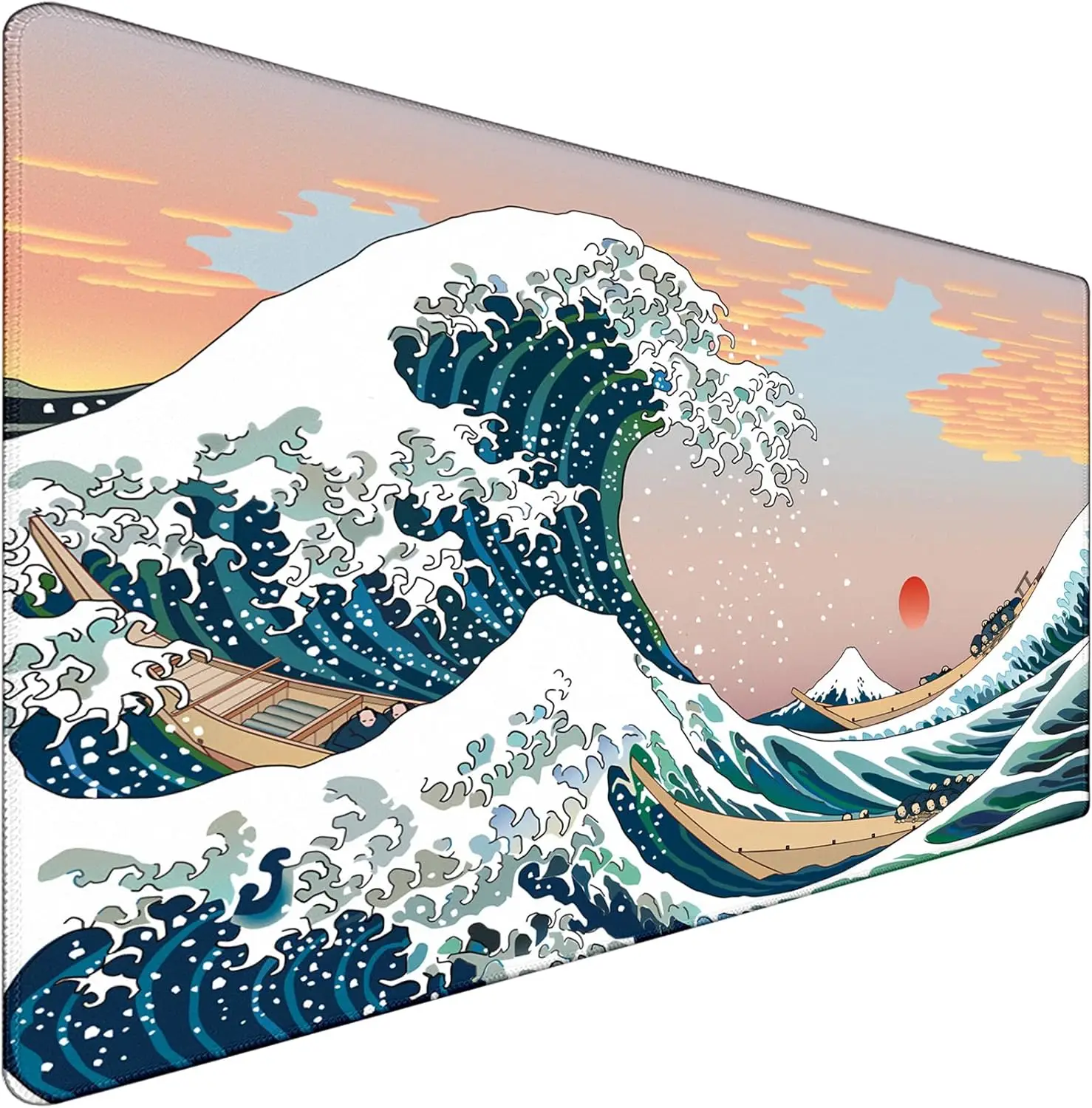 Sunset Sea Japanese  Mouse Pad – Waterproof, Non-Slip Rubber Base with Stitched Edges for Gaming & Office