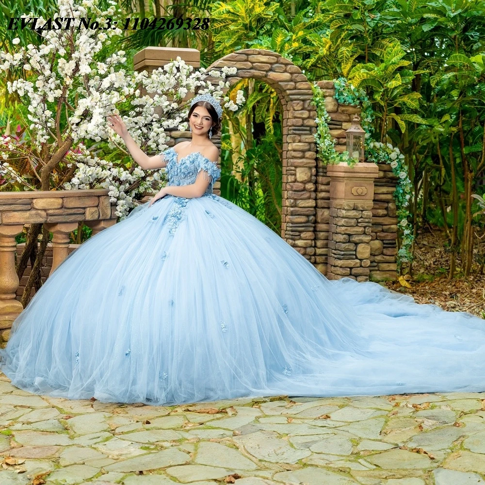 

EVLAST индивидуальное блестящее небесно-голубое платье Quinceanera, бальное платье с блестящей аппликацией и бисером, корсет Sweet 16, Vestidos De 15 Anos E3Q796