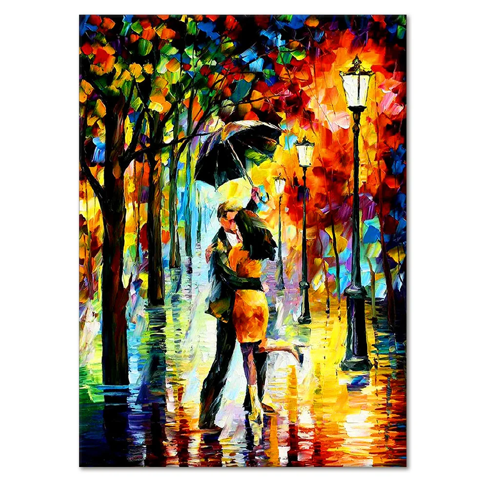 Couples Walk In The Rain Oil Paintings On Canvas Handmade Wall Art Home Office Decor 3D Knife Abstract Landscape Oil Painting