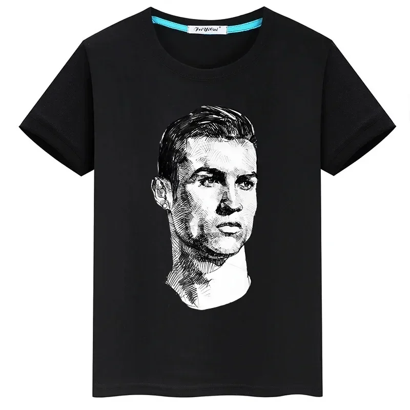 Summer Short-sleeved Boys Girls Black Cotton T-shirt Sportswear Tops Ronaldo Football Star Printed Children\'s Clothing Kids