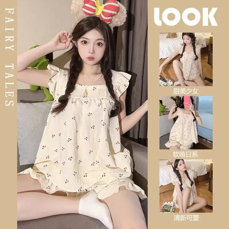 Women Summer Sleeveless Sweet Lace Trim Camisole Pajama Set Student Homewear