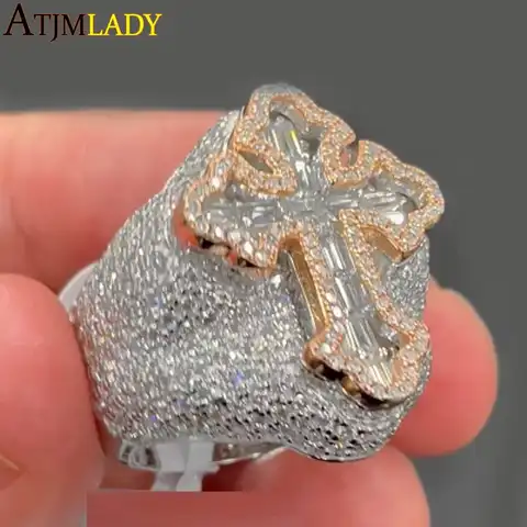 Two Tone Color Cross Finger Ring Iced Out Bling 5A Cubic Zircon Prong Setting Fashion Luxulry Men Hip Hop Finger Jewelry