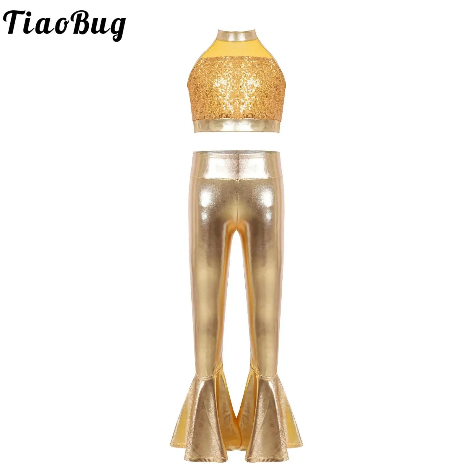 

Kids Girls Jazz Modern Dance Performance Costume Cheerleader Outfits Sleeveless Sparkly Sequins Crop Top with Bell-bottom Pants