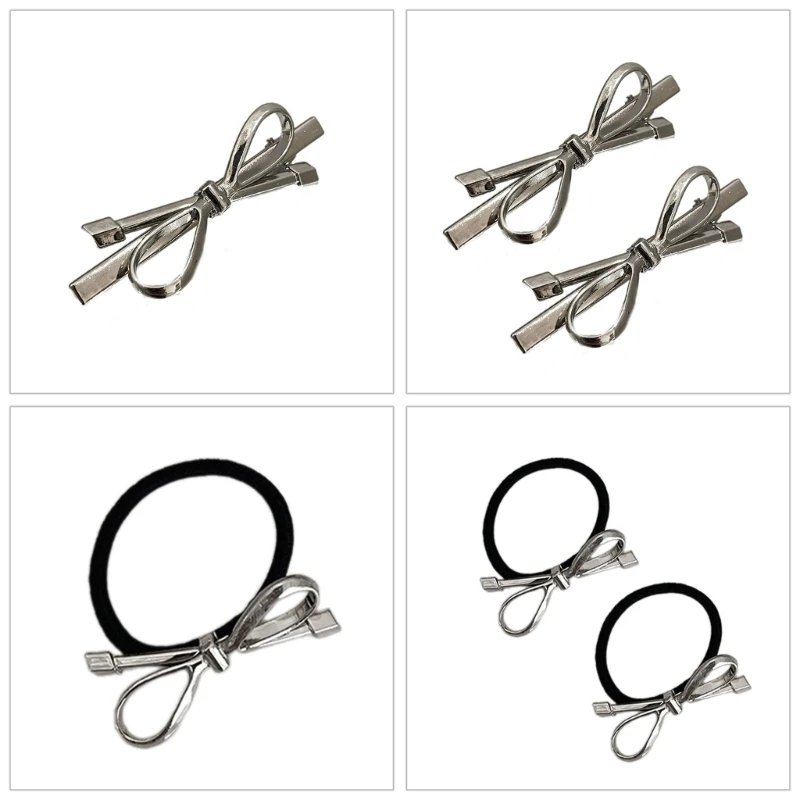 1pc/1pair Metallic Feeling Hair Rope/Hair Barrettes for Teenagers Alloy Bowknot Hair Pin and Elastic Hair Rope