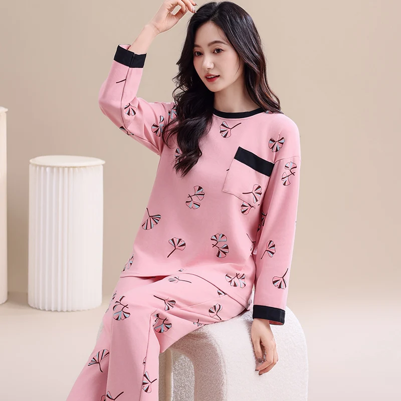 Lovely women cotton pajamas spring and autumn night gowns floral print casual tracksuit big yards M-4XL pijamas para mujer