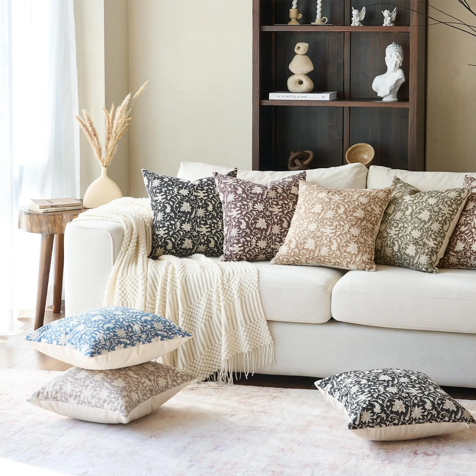 Floral Throw Pillow Covers Farmhouse Block Print Pillow Covers Decorative Pillow Covers Couch Pillows for Vintage Sofa Set of 2 5