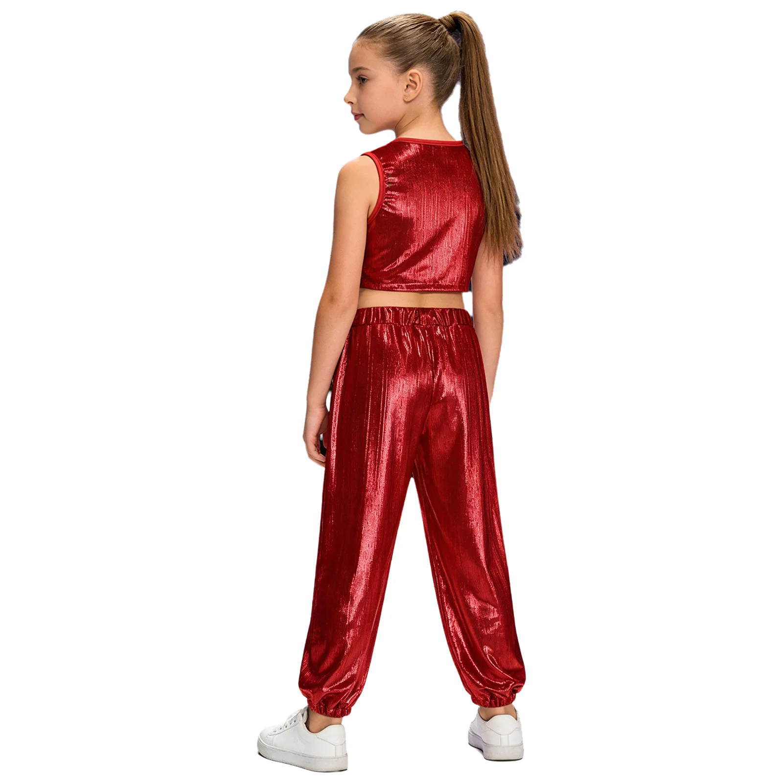 Kinder Mädchen Hip-Hop-Cheerleading-Auftritts-Kostüm Jazz-Tanz-Outfit Metallisch Geripptes Tanz-Outfit Ärmellose Weste mit Hose – Detail 23