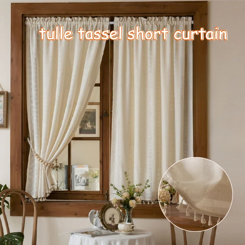 Half-curtains Window Short Curtain Tulle Tassel Texture Retro Woven Cotton Linen Door Curtains Yarn Japanese Style Small Window