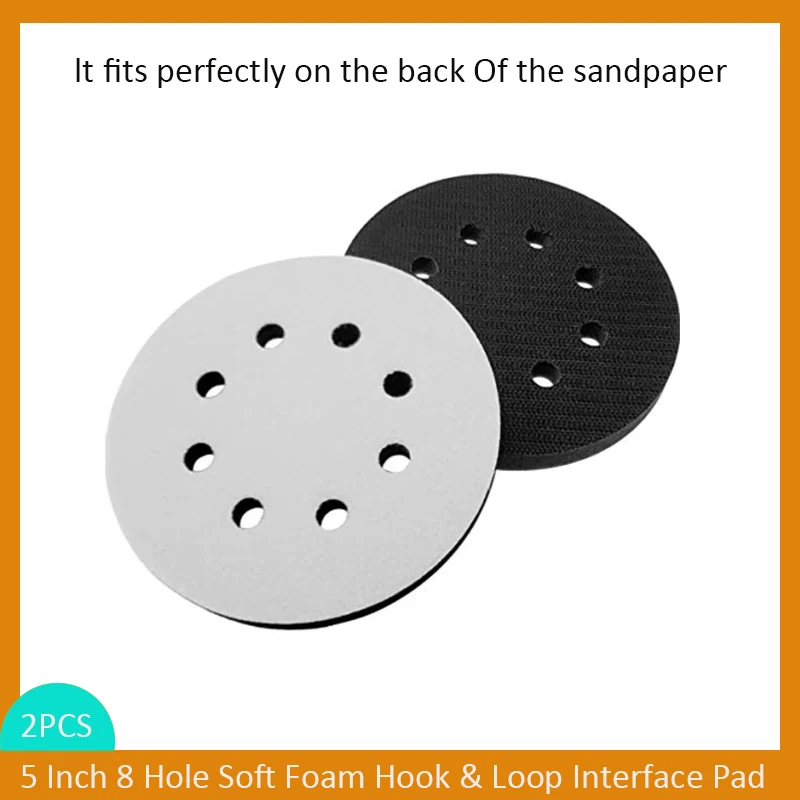 2Pcs 5 Inch 8 Hole Soft Foam Hook & Loop Interface Pad Foam Sanding Pads for Buffer, Grinding Discs, Track Sanding Machine Pads