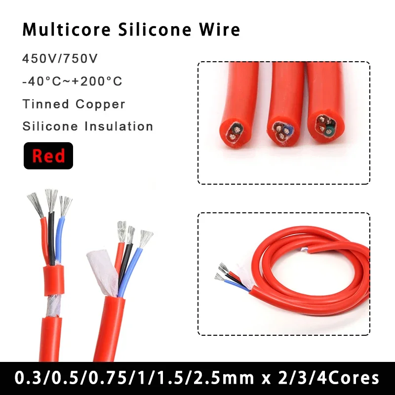 

1-10M Red Flexible Silicone Wire Square 0.3/0.5/0.75/1/1.5/2.5 mm x 2/3/4 Cores Tinned Copper High Temperature Cable