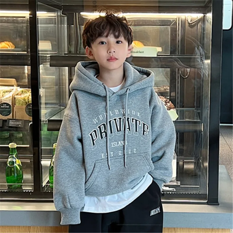 Korean Style Fleece Lined Embroidered Hoodie Loose Fit Overhead Children's Sweatshirt for Boys And Girls Ages 6-14