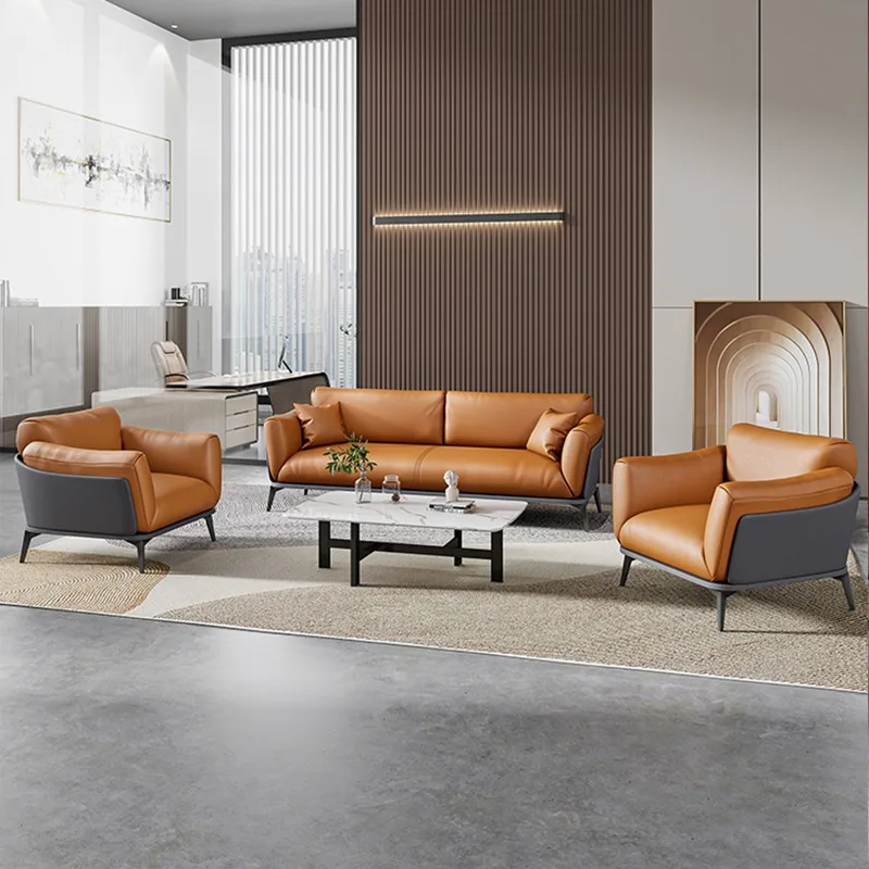 Luxury Modern Office Reception Sofa Set Premium Orange Leather Executive Lounge Seating for Business Negotiation Lobby Area