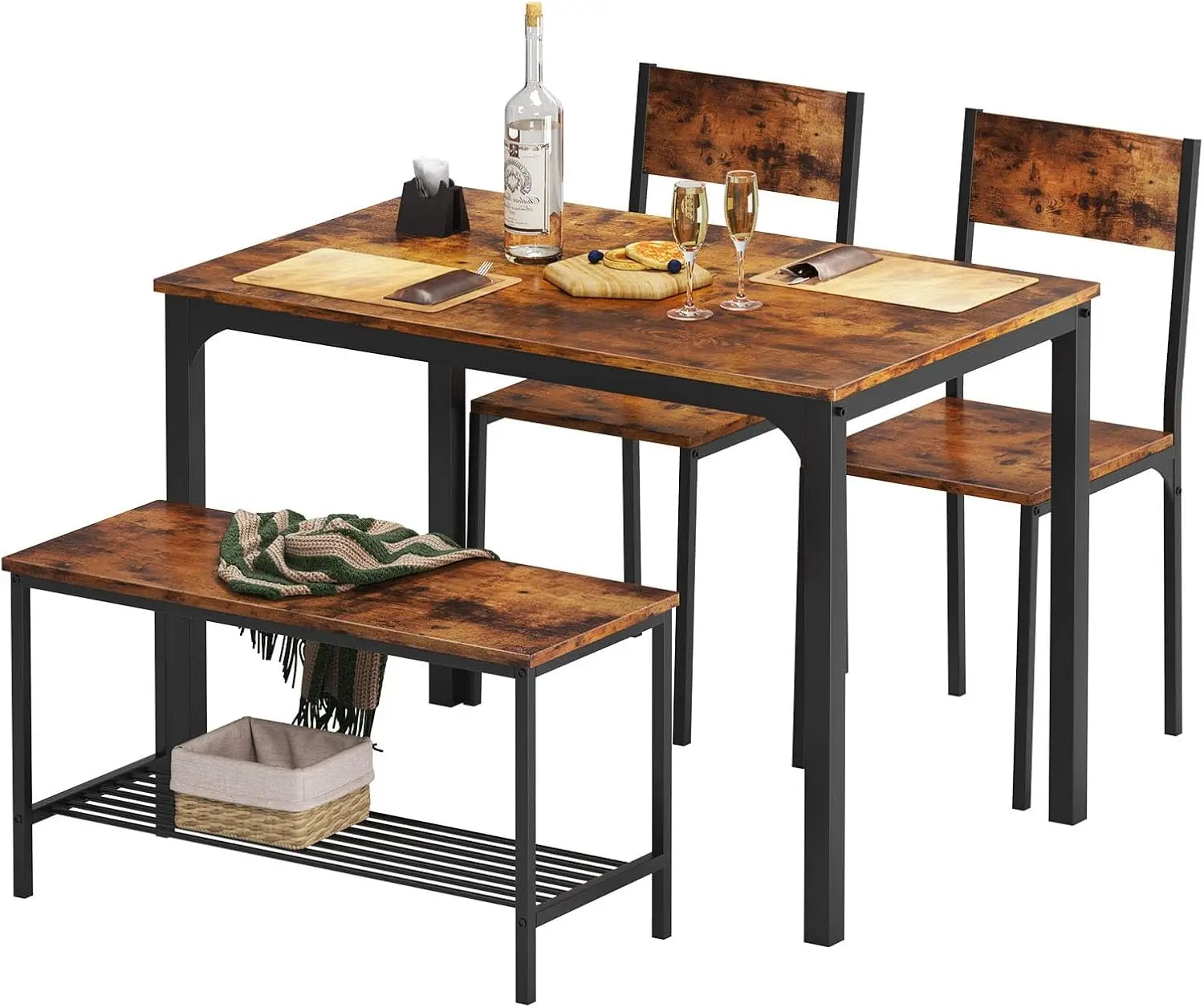 43.3inch Kitchen Table Set for 4, Dining Room 2 Chairs with Backrest, 2-Person Bench with Storage Rack, Vintage Brown