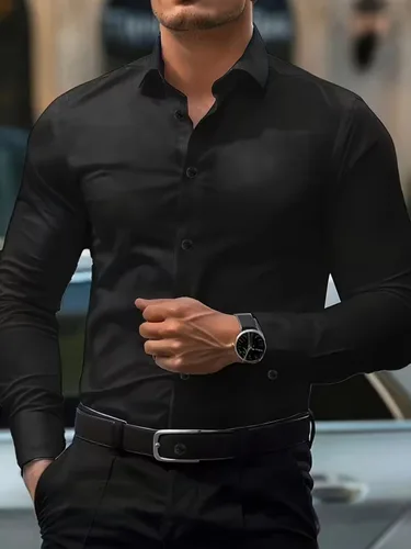 Camisa de manga larga con botones negros de Color puro para hombre, camisa informal de negocios, Tops, otoño