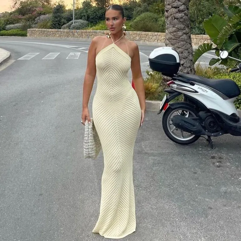 Tuularose Sexy Knitted Long Dress For Women Hollow Halter Backless Sleeveless Dress Female Fashion Evening Party Elegant Dresses