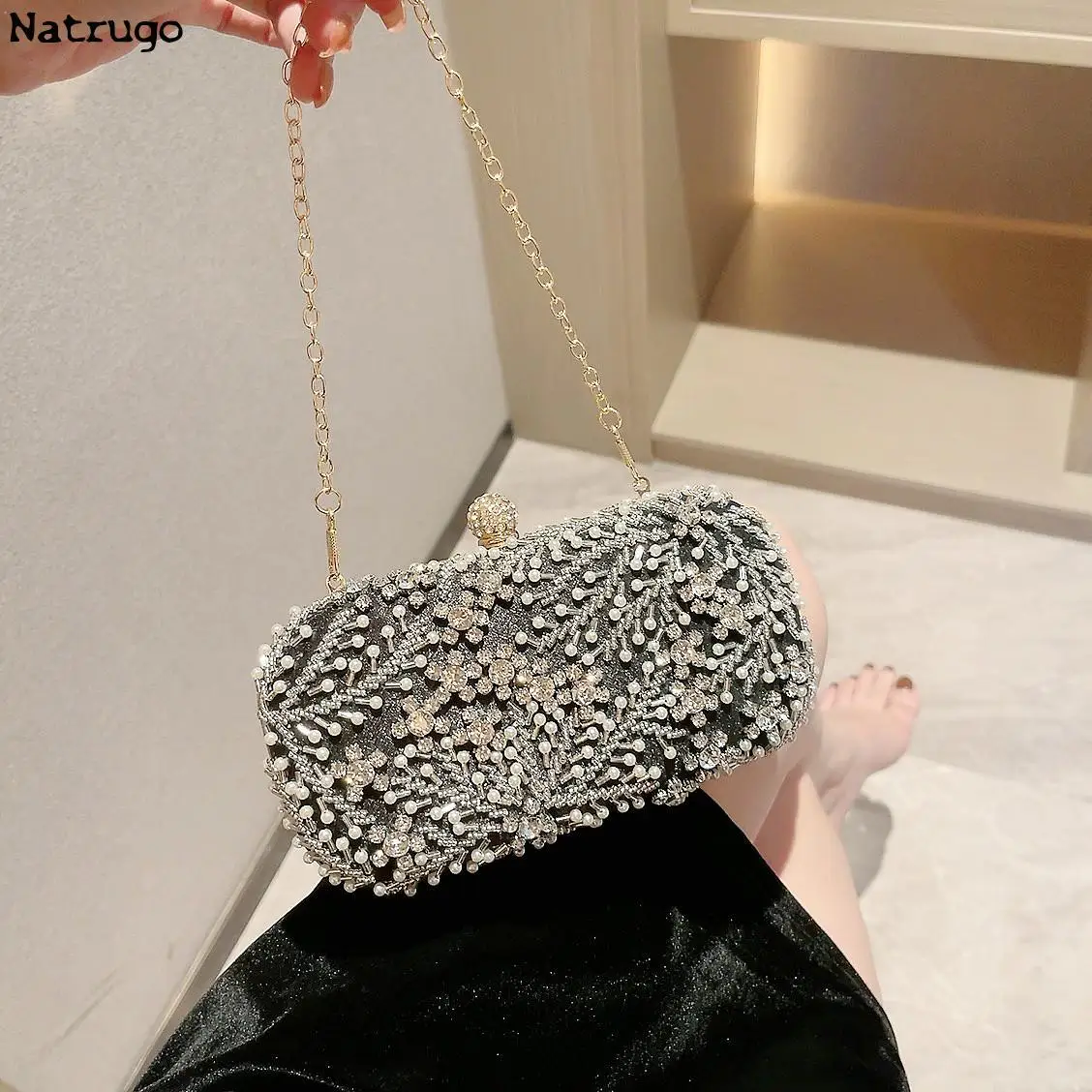 Shiny Handmade Party Bag Dazzling Flower Women Crystal Pearl Clutch Evening Bags Hollow Out Wedding Shoulder Handbag And Purse