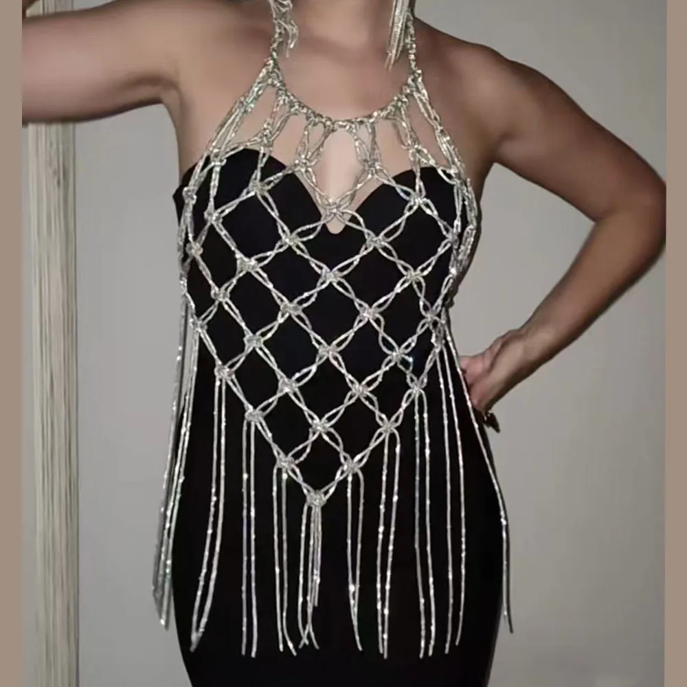 

Beachapche 2025 Hand-woven Shiny Crystal Rope Halter Neck Tassel Hollow Backless Extended Top Sexy Hottie Beach Party