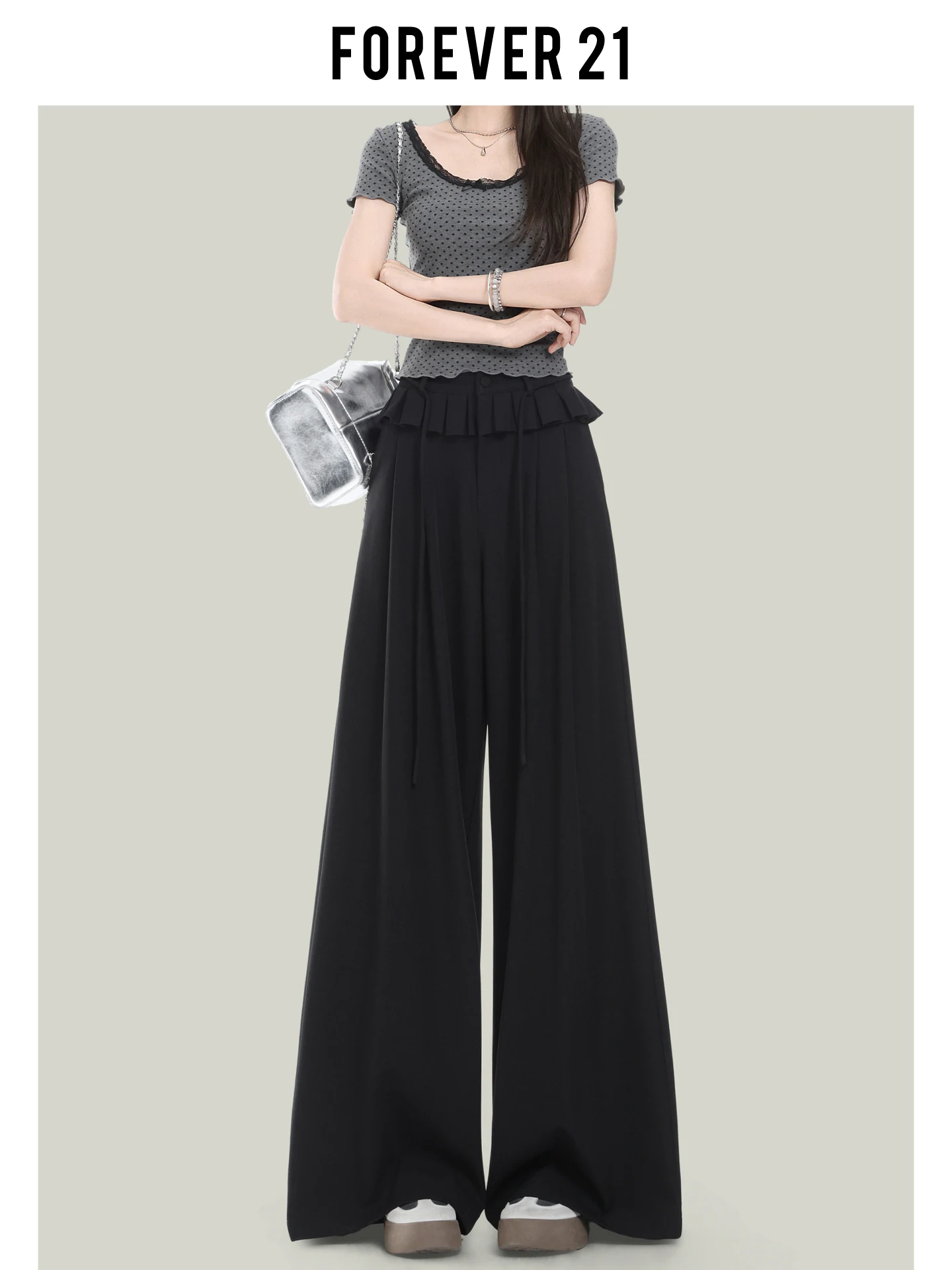 Pantalones Casuales Holgados de Diseño Americano Forever 21 para Mujer, de Cintura Alta, Estilizadores, con Caída, de Pierna Ancha, Largos, Negros, para Verano