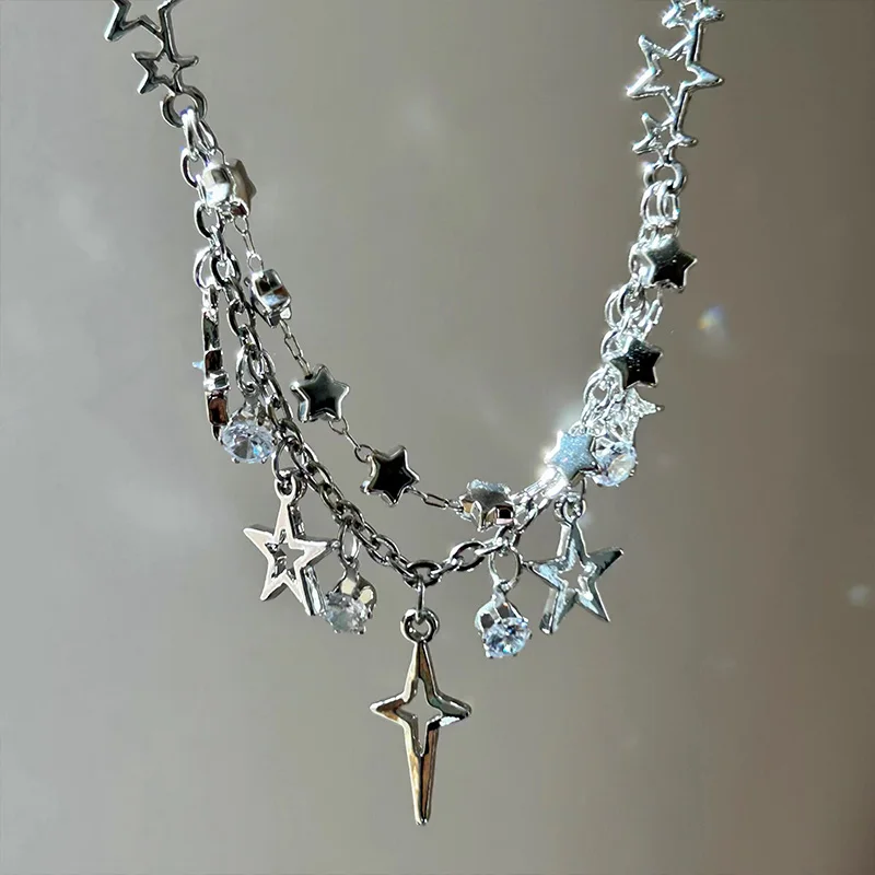 Gargantilla Y2K, collar de estrella de cuatro puntas, collares con colgante de circón de cristal cruzado brillante ajustable para mujeres y niñas, collar de cadenas
