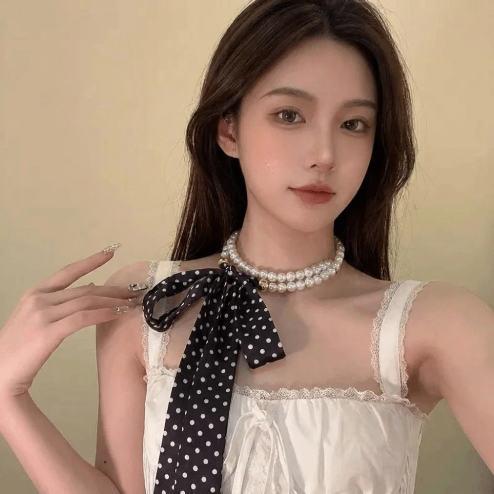 Fashion Polyester Polka Dot Scarf Necklace Silk Faux Pearl Bow Tie Lightweight Black White Color Ribbon Neckband Party Wear
