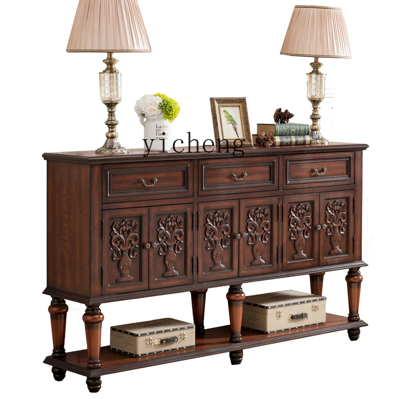 

ZWS Sideboard Cabinet Solid Wood American Entrance Cabinet Wine Cabinet Carved Living Room Furniture