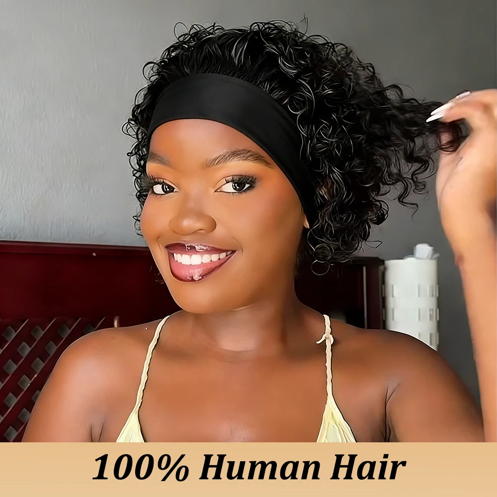 

Парик с повязкой на голову с волнистой водой, 100% парики из натуральных волос, вьющийся боб для женщин, настоящие волосы, парик с стрижкой пикси, машинная кепка, натуральные черные волосы