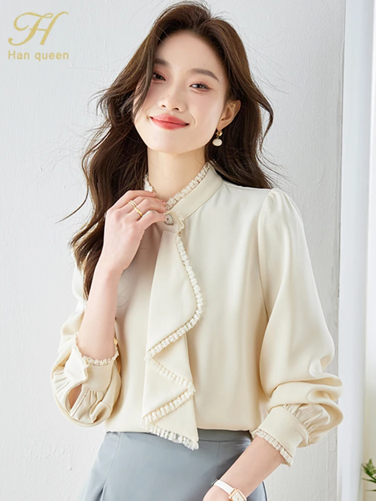 H Han Queen 2024 New Arrival Women\'s Clothing Sales Vintage Work Casual Tops Chiffon Blouses Elegant Ruffles Loose Women Blouse