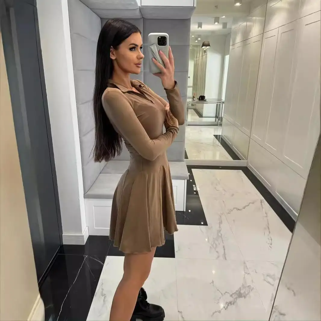 Faionable Pure Color Belted ort Skirt Long Sve Turn-down Collar Dr Women's Ele Polyester Busin Dr